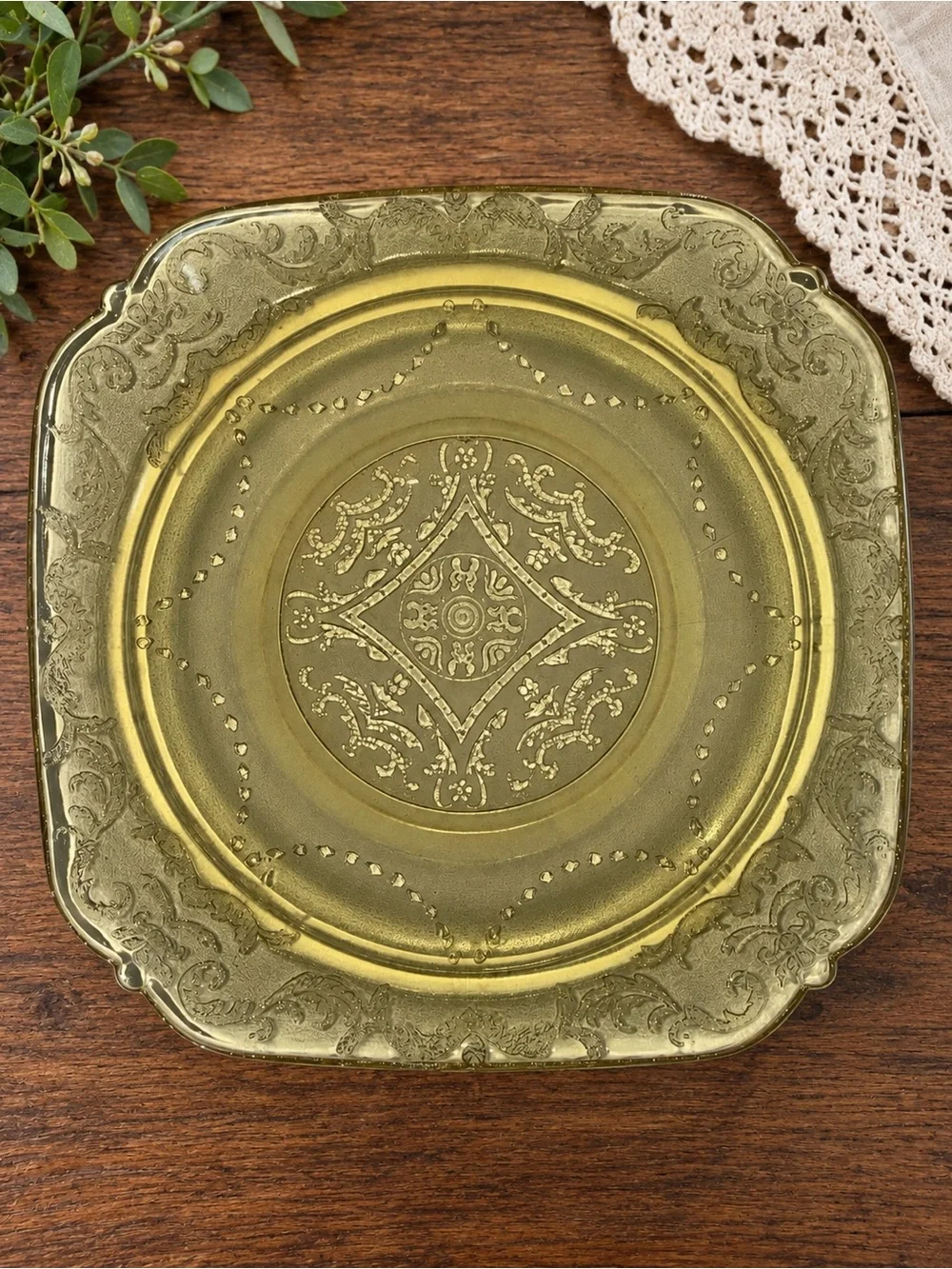 Vintage Amber Glass Dessert Plates Set of 4 Ornate Floral Scroll 6” Square